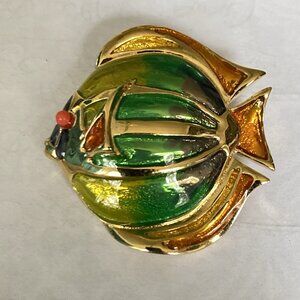 Vintage Liz Claiborne LC Pin Gold Tone Multicolor Iridescent Enamel Fish Brooch